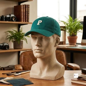 Op de afbeelding: Een donkergroene baseballpet met een witte letter P geborduurd in het midden aan de voorzijde. De pet heeft een gestructureerde kroon, een gebogen klep en een stoffen bandsluiting aan de achterkant. Het ontwerp is eenvoudig en effen.