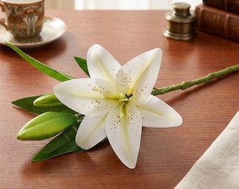 Real Touch 3D Lily Branch Artificial Flower | White Faux Lily Stem for Décor