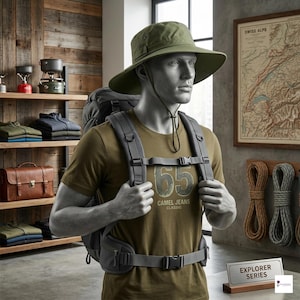 May include: An olive green wide-brimmed bucket hat with a chin strap, worn over a dark olive t-shirt featuring the text 65 CAMEL JEANS CLASSIC. A grey backpack with adjustable straps and buckles is worn over the shirt. A sign reads EXPLORER SERIES.