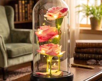 LED Galaxy Rose Dome, Romantic Floral Display, Pink Rose Home Decor