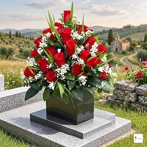 Può includere: Una composizione floreale di rose rosse e fiori bianchi in un vaso quadrato nero. La composizione è posta su una superficie di granito grigio, con uno sfondo panoramico di colline e una chiesa.