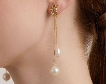 Pendientes largos de perlas colgantes, pendientes de perlas para novias, pendientes colgantes de cadena de oro de 14 quilates, joyería de boda con perlas cultivadas de agua dulce, regalo para damas de honor