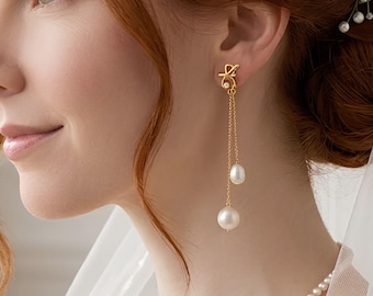 Pendientes largos colgantes de perlas cultivadas de agua dulce, pendientes de novia, pendientes colgantes de perlas, pendientes colgantes de cadena, pendientes de boda, regalo para damas de honor