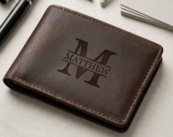 Cartera personalizada de cuero genuino para hombre, cartera delgada plegable, cartera RFID personalizada para él, regalo de aniversario para esposo, regalo del Día del Padre