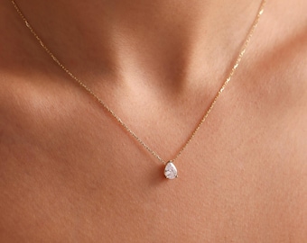 Collar con colgante de diamante en forma de lágrima, collar con colgante de diamante en forma de pera de oro de 14 quilates, collar de boda, regalo para damas de honor, joyería minimalista, regalo para despedida de soltera.