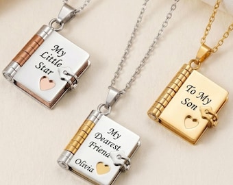 Collar con candado de libro personalizado con mensaje, carta de amor grabada, regalos para ella, regalos familiares, regalos para padres, regalo del Día de la Madre