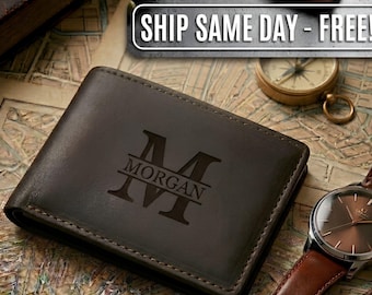 Cartera de cuero personalizada para hombre, grabada. Regalo ideal para el Día del Padre, novio, papá, esposo, aniversario o cumpleaños. Regalo para papá.