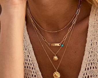 Collar con barra personalizada grabada con nombre y cadena tipo clip, collar con nombre chapado en oro de 18 quilates, regalo de cumpleaños, regalo del Día de la Madre, regalo para mamá.