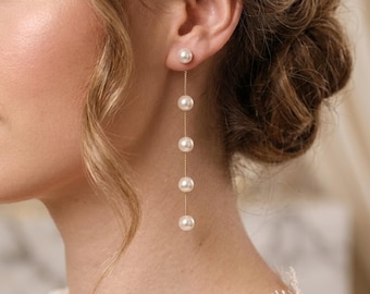 Pendientes largos de perlas colgantes, pendientes colgantes de cadena, pendientes de boda, pendientes de novia delicados, pendientes colgantes de perlas para uso diario, regalos para damas de honor
