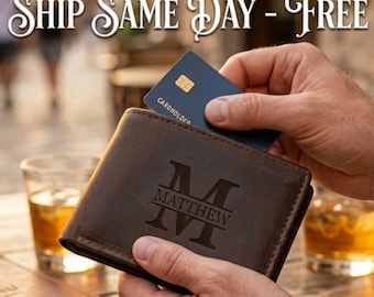 Cartera personalizada de cuero genuino para hombre, cartera delgada RFID grabada, cartera plegable con monograma para hombre, regalo para padrinos de boda, regalo para el Día del Padre