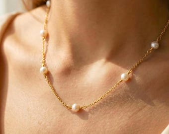 Collar minimalista de perlas de agua dulce, collar de boda dorado, collar de perlas para uso diario, regalos para damas de honor, collar nupcial, collar para mujer