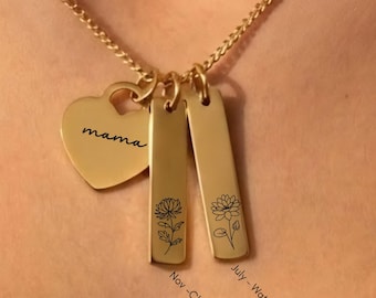 Family Birthflower Gold Bar Necklace, Custom Name Necklace, Letter Necklace, Personalized Gift, Gift For Mom, Mothers Day Gift,Birthday Gift