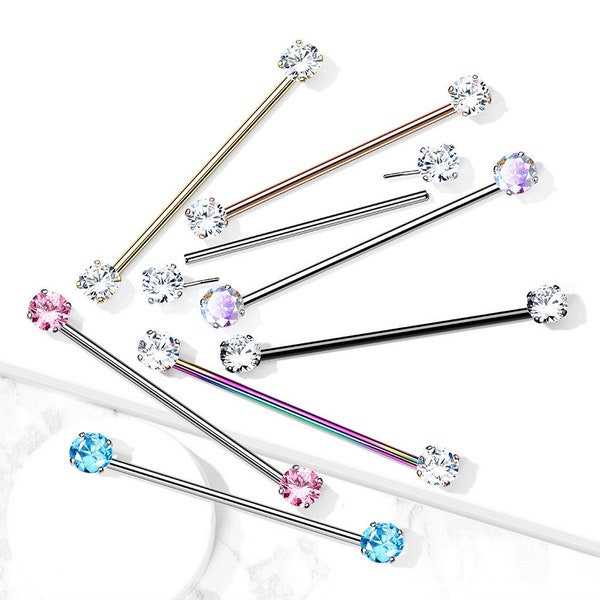 316L Surgical Steel Threadless Push in Industrial Barbells with Prong Set CZ Ends