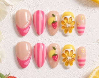 Handmade Strawberry Lemon Press On Nails,Pink Stripe Almond Fake Nails,3D Orange Fruit Nail,Summer Beach Nails,Summer Picnic Nails Gift