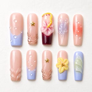 3D Flower, Ocean Water Droplets & Shell Texture Press On Nails/Blue-purple Long Coffin Nails/Summer Beach Vacation Reusable Nails