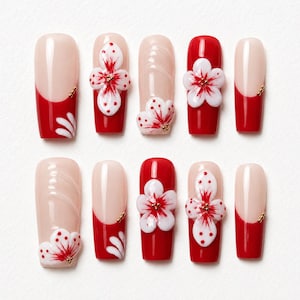 Fashionable Red French Press On Nails/Hand-Painted 3D Petals With Gold Beads Long Coffin Nails/Romantic Valentine's Style/Spring Nails