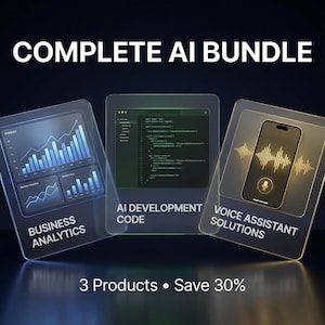 Op de afbeelding: Een afbeelding die een "COMPLETE AI BUNDLE" promoot met drie productcategorieën: Business Analytics, AI Development Code en Voice Assistant Solutions. Elke categorie wordt vertegenwoordigd door een afbeelding op een transparante achtergrond. De tekst "3 Products • Save 30%" is ook opgenomen.