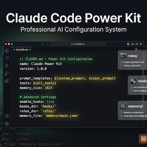 May include: A digital product image showcasing the "Claude Code Power Kit," a professional AI configuration system. The image displays a code editor interface with configuration details and file structures, including "rules," "hooks," and "memory" directories. The text "Instant Download" is also visible.