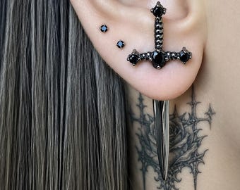 Gold Tone Sword Dangle Drop Earrings, Gothic Grunge Unisex Statement Jewelry