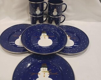 VTG The Golden Rabbit Denise Harvey Blue Snowman Enamelware Plates and Mugs 8pc