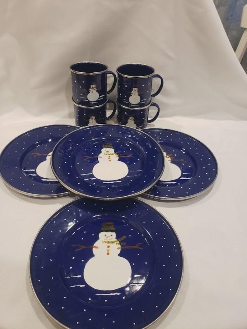 VTG the Golden Rabbit Denise Harvey Blue Snowman Enamelware Plates and ...