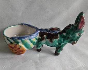 Vintage MCM Pottery Majolica Donkey & Cart Planter Trinket Bowl Italy