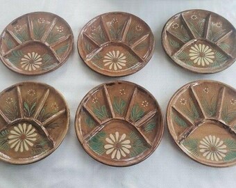 Vintage Handpainted Pottery Fondue Plates (Sushi Plates) - Flowers - Set of 6