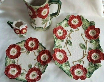Kaldun and Bogle Red Poppy Flowers 4 Piece Set - Platter, Creamer, Plate & Pitcher