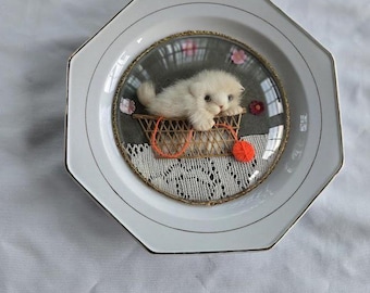 Kitch Faux Fur Cat Porcelain Domed Plate 1960s