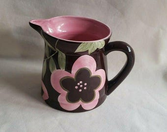 Laurie Gates Ceramic Chocolate Brown with Pink Flowers Large Pitcher - Rare