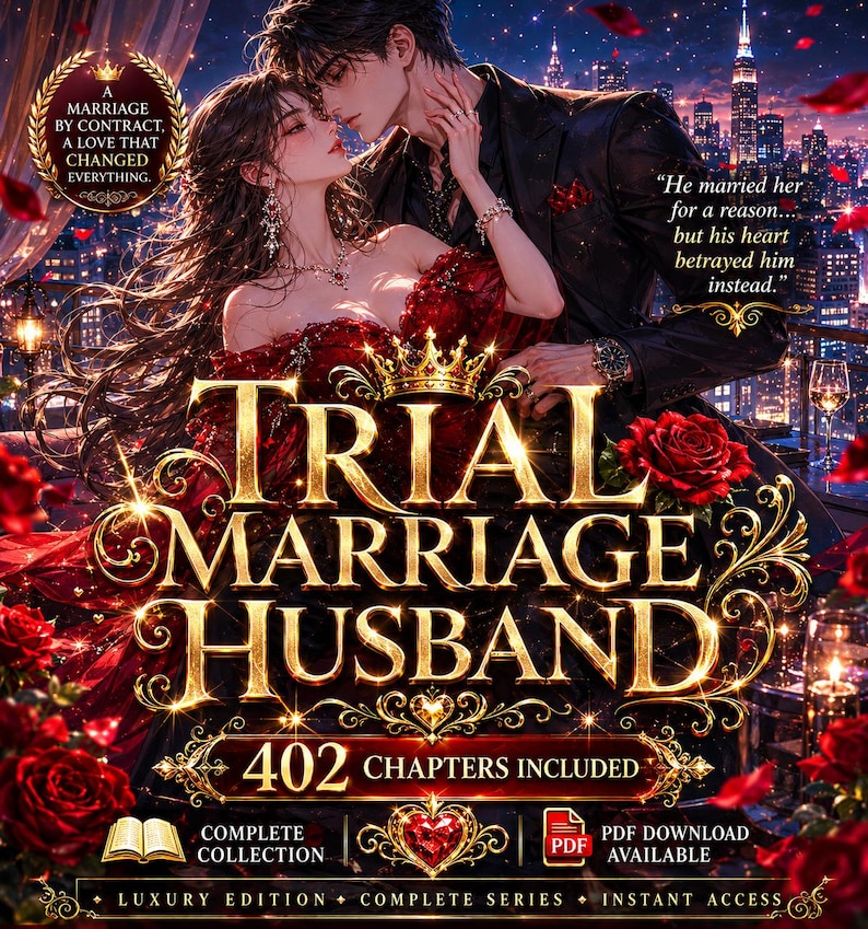 May include: A digital book cover titled Trial Marriage Husband featuring a couple in formal attire, a woman in a red dress and a man in a black suit, surrounded by red roses and a city skyline. Text includes 402 chapters included, complete collection, and PDF download available.