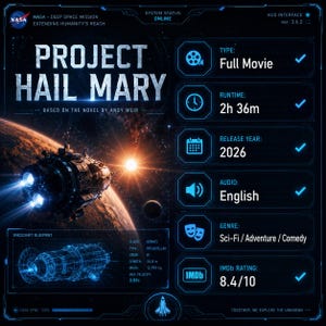 Può includere: Grafica digitale per il film "Project Hail Mary" basato sul romanzo di Andy Weir. L'immagine presenta un'astronave, pianeti e testo, tra cui la durata del film, l'anno di uscita, la lingua audio, il genere e la valutazione IMDb.
