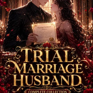 May include: A book cover illustration featuring a couple in formal attire holding a marriage certificate. The text reads Trial Marriage Husband, Complete Collection, 402 Chapters Included, Romance, Drama. The scene is set against a dark, ornate background with red roses and golden lighting.