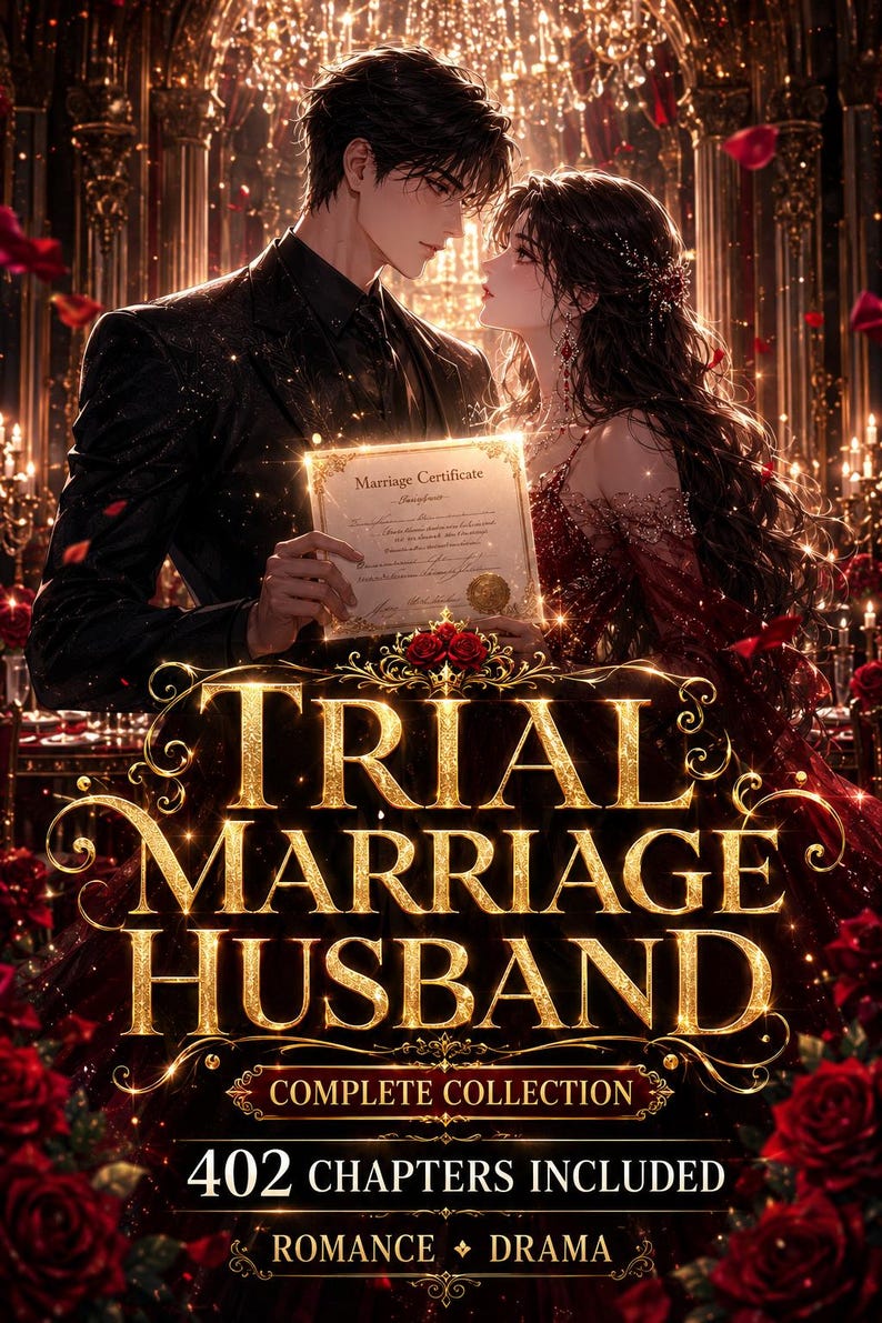 May include: A book cover illustration featuring a couple in formal attire holding a marriage certificate. The text reads Trial Marriage Husband, Complete Collection, 402 Chapters Included, Romance, Drama. The scene is set against a dark, ornate background with red roses and golden lighting.