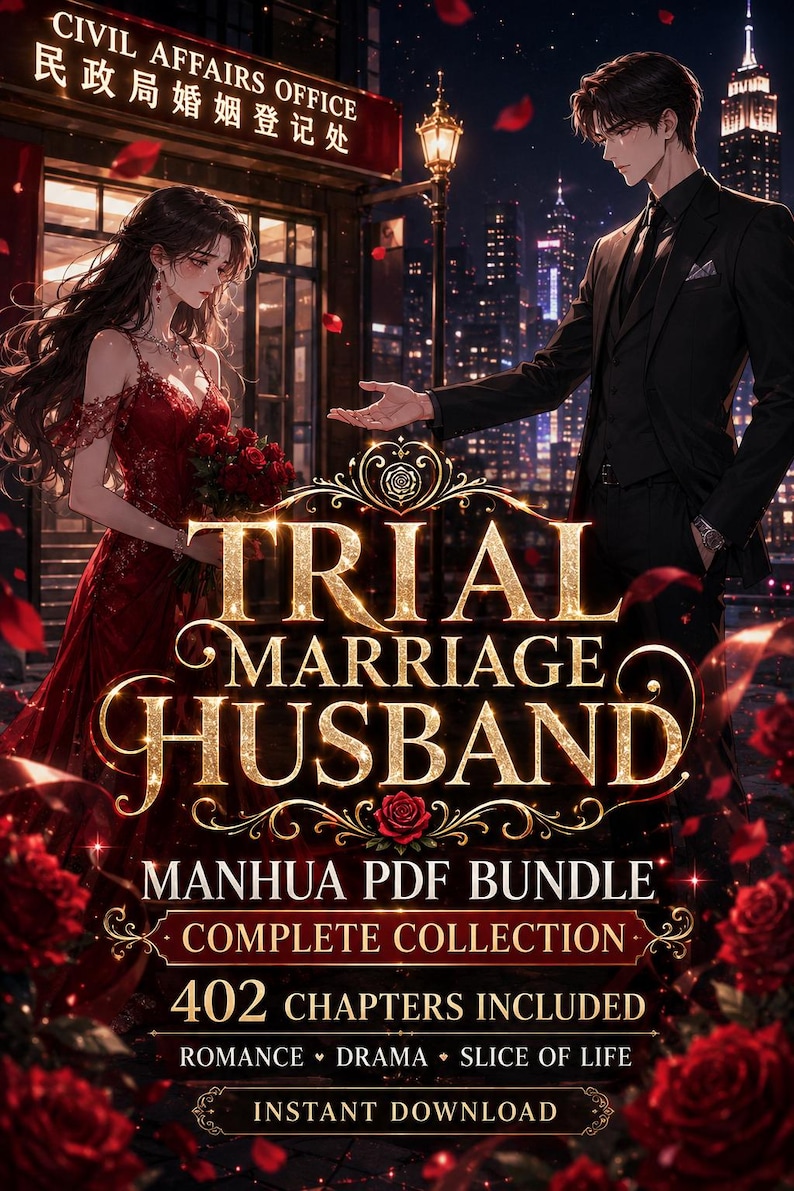 May include: A digital poster for Trial Marriage Husband Manhua PDF Bundle featuring a woman in a red dress and a man in a black suit. Text includes Civil Affairs Office, Trial Marriage Husband, Complete Collection, and 402 Chapters Included.