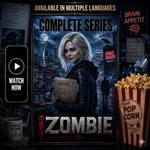 以下が含まれることがあります： iZombieシリーズのプロモーションポスター。黒いジャケットを着た金髪の人物が「Evidence」と書かれたファイルを持っている。背景には都市のスカイライン、Grave Diggerの看板、カラスが描かれている。ポップコーンの容器とマグカップが含まれている。