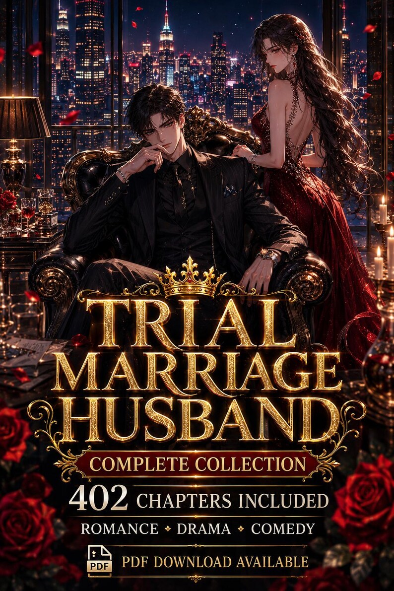 May include: A digital book cover titled Trial Marriage Husband Complete Collection featuring an illustration of a person in a black suit sitting in a chair and another in a red dress, with text stating 402 chapters included, romance, drama, comedy, and PDF download available.