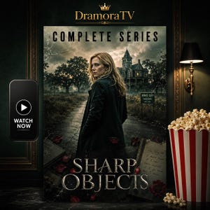 Puede incluir: Un póster promocional de la serie completa Sharp Objects con una mujer con abrigo oscuro en un camino hacia una casa grande. El texto dice DramoraTV, Complete Series, Wind Gap Missouri y Sharp Objects. Se ven un icono de teléfono con un botón de reproducción y un cubo de palomitas.