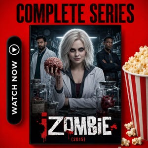 以下が含まれることがあります： iZombie (2015) コンプリートシリーズのDVDカバーには、白い髪の女性が人間の脳を手に持ち、研究所の背景で二人の男性に囲まれている様子が描かれています。下部には白い文字でiZombieというタイトルと赤いアクセントがあります。