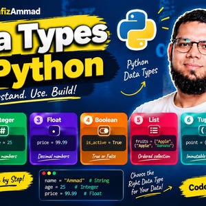 May include: A digital educational graphic titled Data Types in Python featuring a person, the Python logo, and seven colourful boxes detailing data types: String, Integer, Float, Boolean, List, Tuple, and Dictionary with code examples and descriptions.
