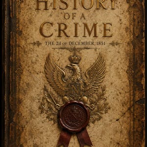 以下が含まれることがあります： ヴィクトル・ユーゴー著『The History of a Crime: The 2d of December, 1851』と題されたアンティーク本。表紙は古びた質感で、王冠と文字Nが刻まれた金色の帝国鷲のエンブレムと、リボンが付いた濃い赤色の封蝋が施されている。