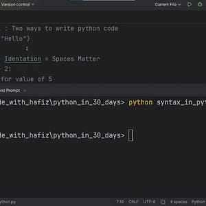 May include: A dark-themed code editor interface displaying a Python script file named syntax_in_python.py. The code includes comments about Python syntax rules, indentation, and spaces. A terminal window below shows the command execution and output.