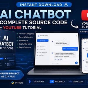Puede incluir: Anuncio de un código fuente completo de chatbot de IA con un tutorial de YouTube. La imagen presenta una computadora portátil, un teléfono inteligente y una caja de código fuente, todos mostrando la interfaz del chatbot. El texto incluye "Descarga instantánea" y "Proyecto completo como archivo ZIP."