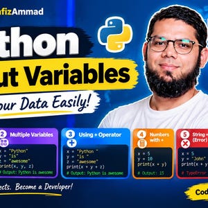 May include: A digital educational graphic titled Python Output Variables featuring a person with glasses and a beard. The image displays six numbered boxes with code snippets demonstrating Python variable output methods, including print, operators, and commas.