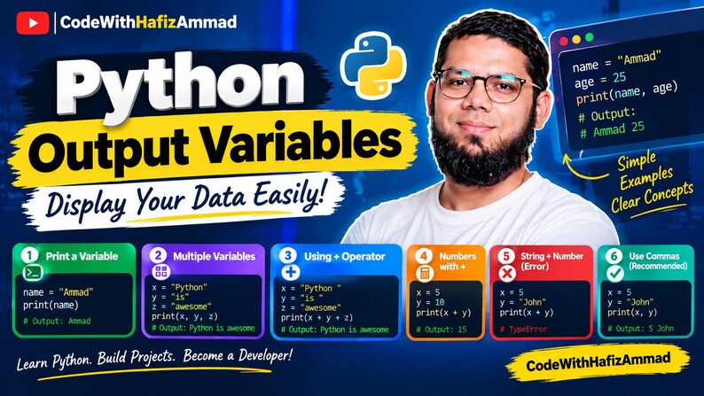 May include: A digital educational graphic titled Python Output Variables featuring a person with glasses and a beard. The image displays six numbered boxes with code snippets demonstrating Python variable output methods, including print, operators, and commas.