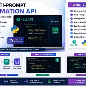 Könnte beinhalten: Werbegrafik für eine AI Multi-Prompt Automation API. Das Bild zeigt einen Laptop mit Code, mit Symbolen und Text, die Funktionen wie KI-gestützte Antworten, ultraschnelle Verarbeitung und einfache Integration hervorheben. Die API ist für KI-Workflows und Automatisierung konzipiert.
