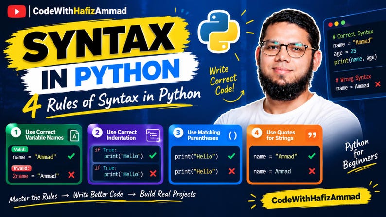 May include: A blue educational graphic titled Syntax in Python featuring four numbered rules for coding. It displays code snippets, checkmarks, and X symbols to illustrate correct and incorrect syntax, alongside a person and the Python logo.