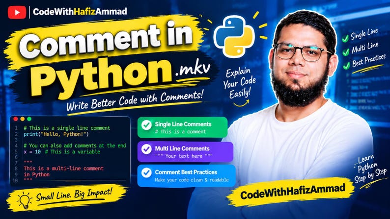 May include: A digital educational graphic titled Comment in Python.mkv featuring a person with glasses and a beard. The image includes code snippets for single and multi-line comments, the Python logo, and text such as Write Better Code with Comments.