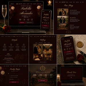 Puede incluir: Una plantilla de sitio web de bodas digital que se muestra en una pantalla de computadora portátil y teléfono inteligente, con un esquema de color burdeos oscuro y tipografía dorada. La interfaz incluye secciones para historia, detalles, galería y RSVP.