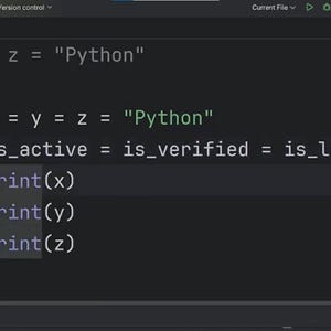 May include: A computer screen displaying Python programming code in a dark mode editor. The code includes variable assignments such as x = y = z = "Python" and print statements for x, y, and z. A person is visible in the bottom right corner.